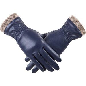 Women's Navy Winter Leather Gloves Wool Fleece Lined Thermal Touchscreen